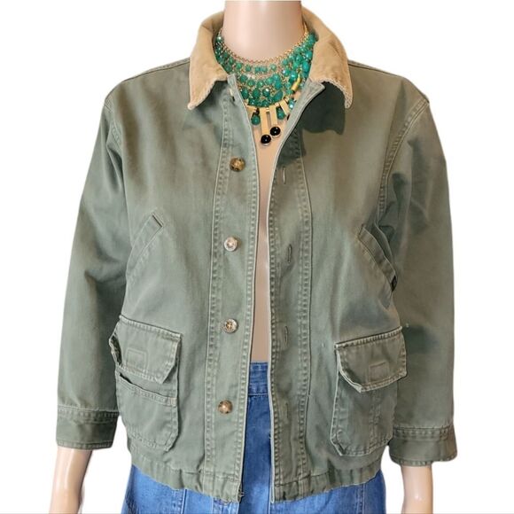 Woolrich Military Green Button-Front Flannel Jacket Cotton Lined with corduroy - Picture 3 of 13